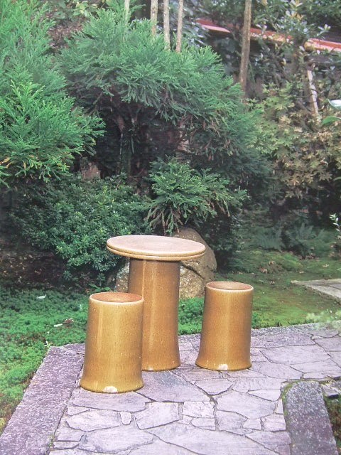 ガーデンテーブル セット 陶器 信楽焼 窯肌テーブルセット4点 14号 アウトドア 花瓶、フラワースタンド